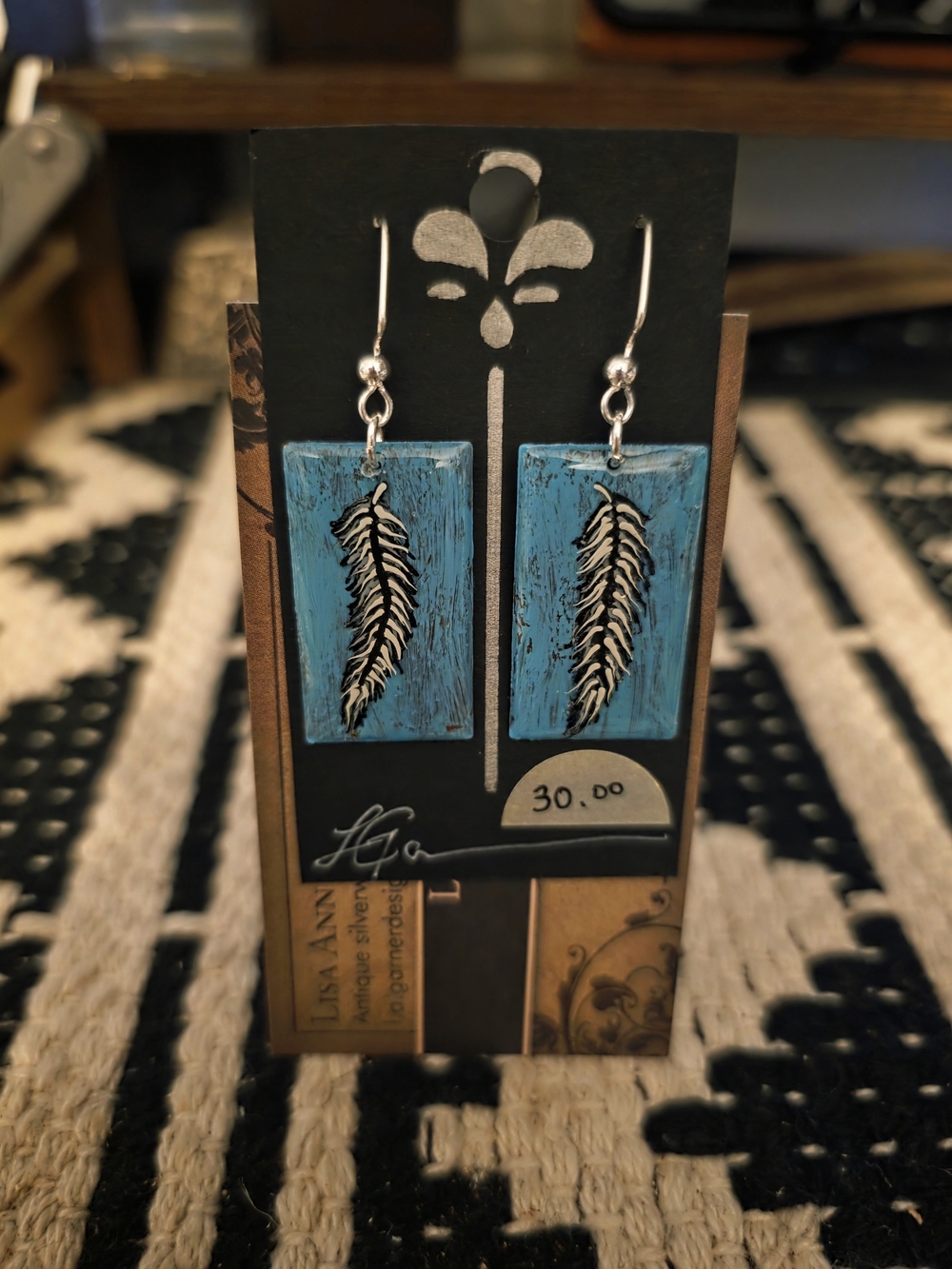 Handmade Feather Rectangle Drop Earrings - Blue